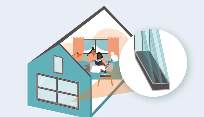 Diagram of triple pane windows installed in a home highlighting three layers of thin glass.